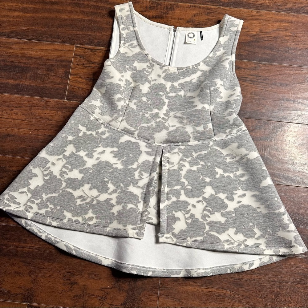 Anthropologie Cream and Gray Floral Peplum Tank Top